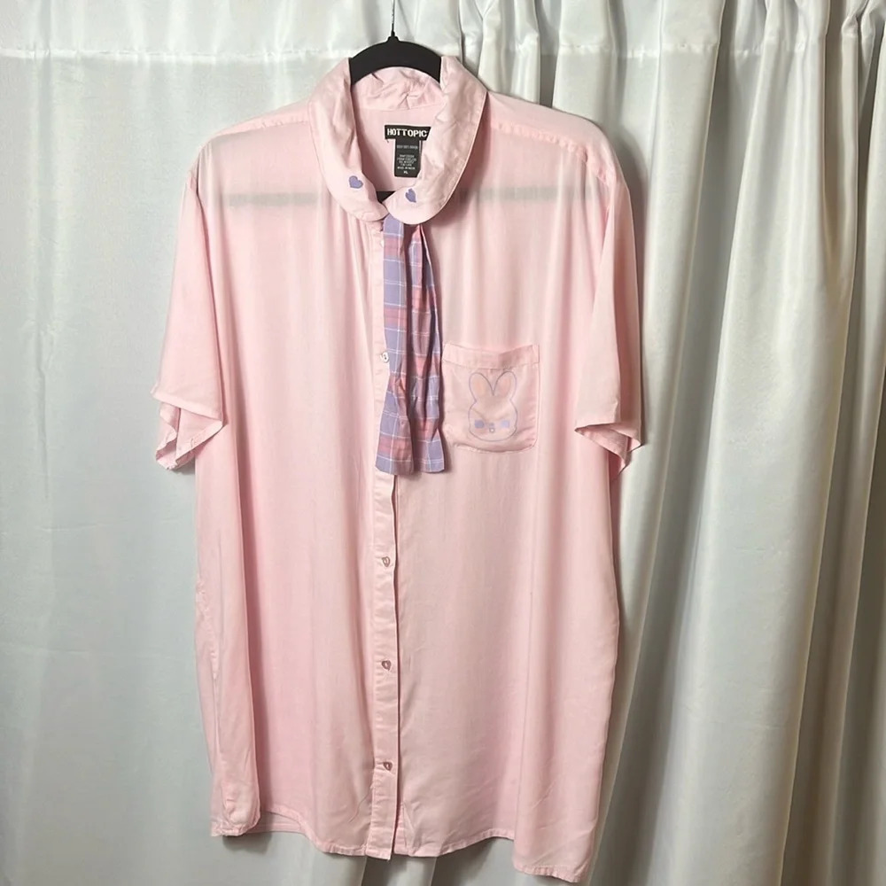 Hot Topic Pink Bunny Pocket Tie-Neck Button Up Blouse XL Kawaii